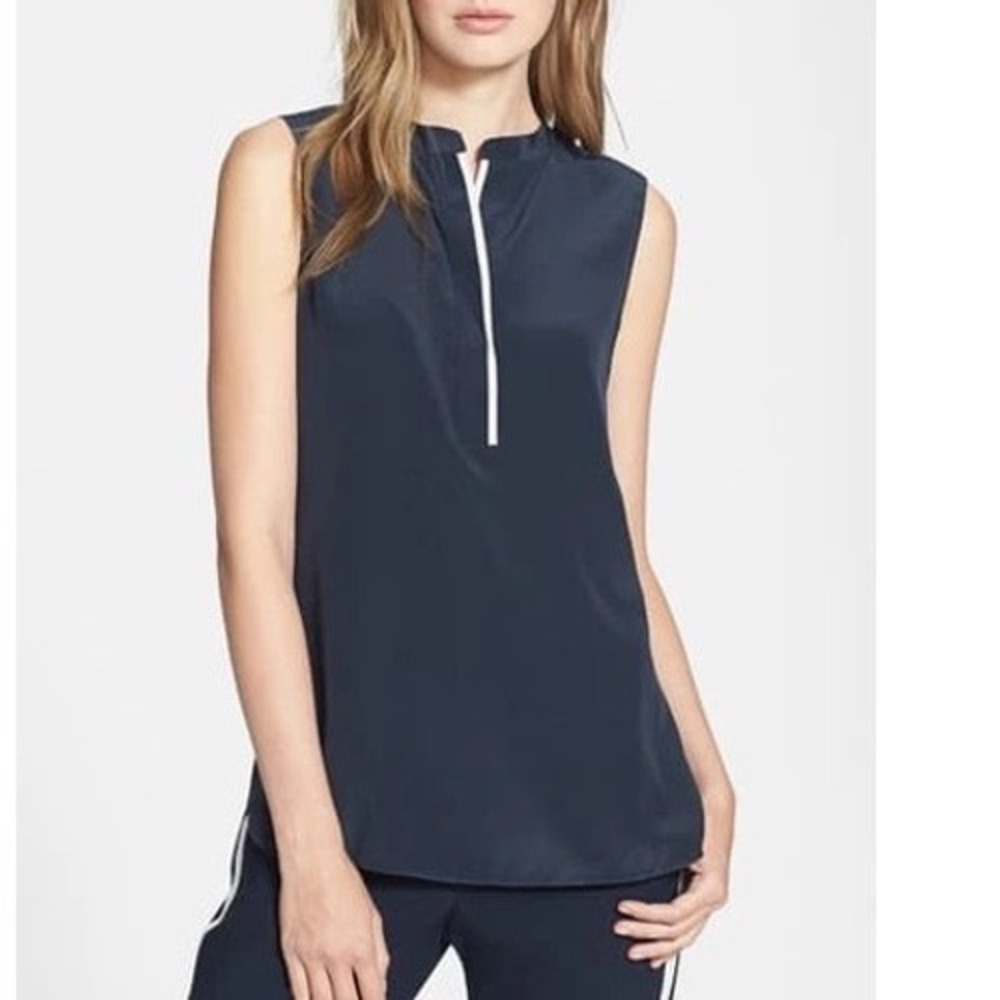 Vince Black 100% Silk Sleeveless V-Neck Blouse with White Trim Size 2